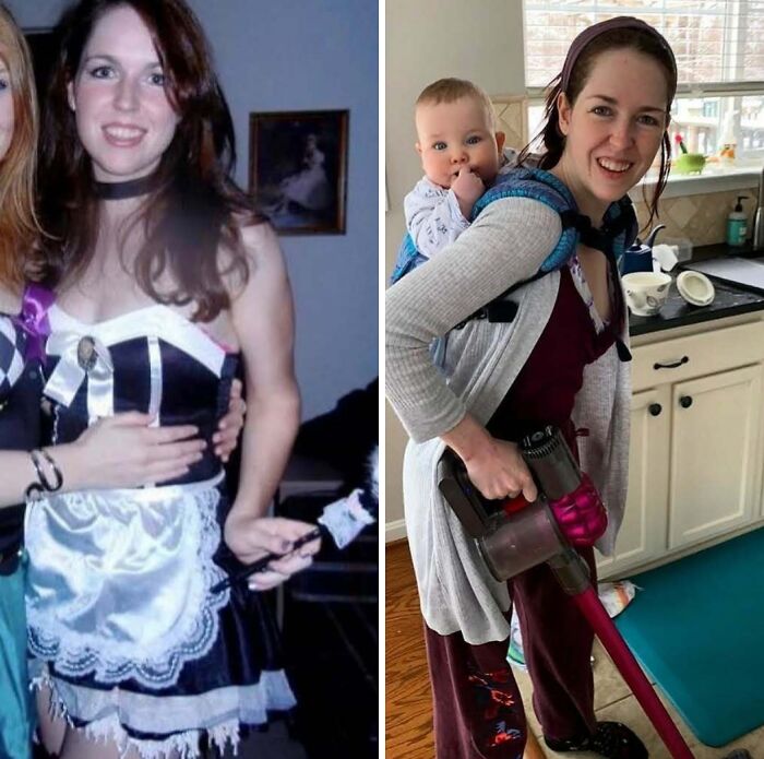 Before and after photos showing relatable moments of moms with their kids and daily life changes.