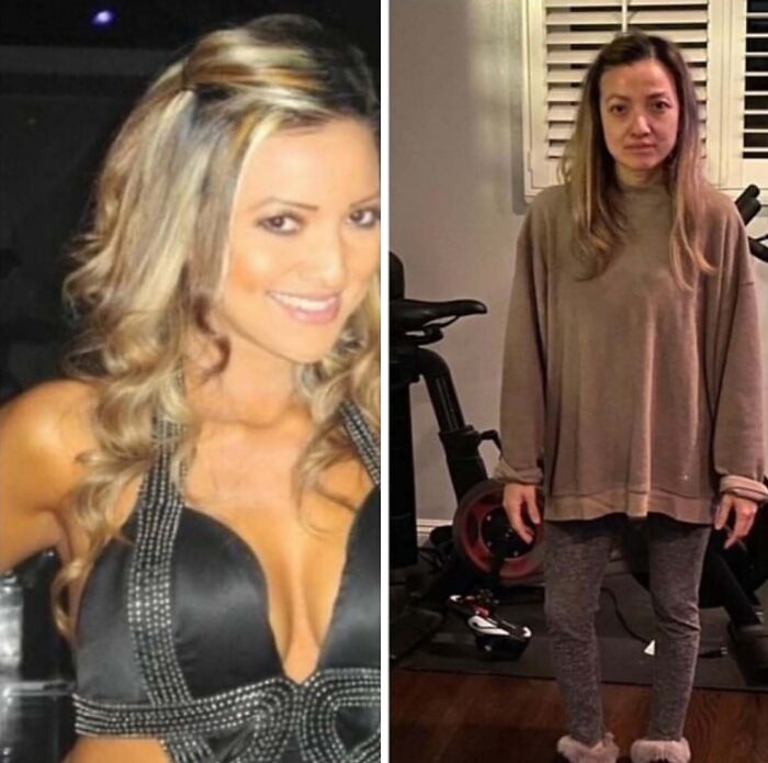 Side-by-side photos of a mom before and after having kids showing honest and relatable motherhood transformation.