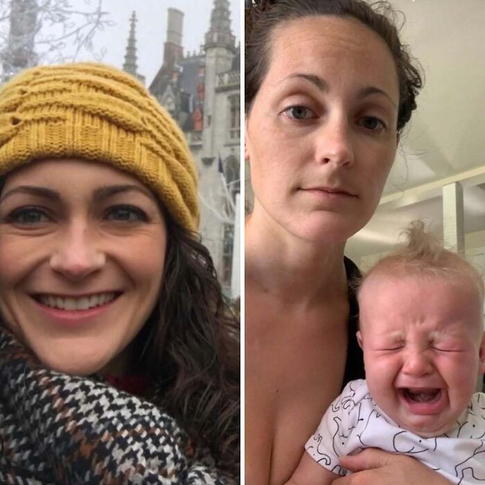 Before and after photos of a mom smiling outdoors and the same mom looking tired while holding a crying baby indoors.