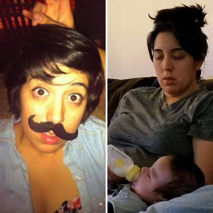 Before and after photos of a mom showing playful fun and tired reality, depicting relatable moments of motherhood and parenting.