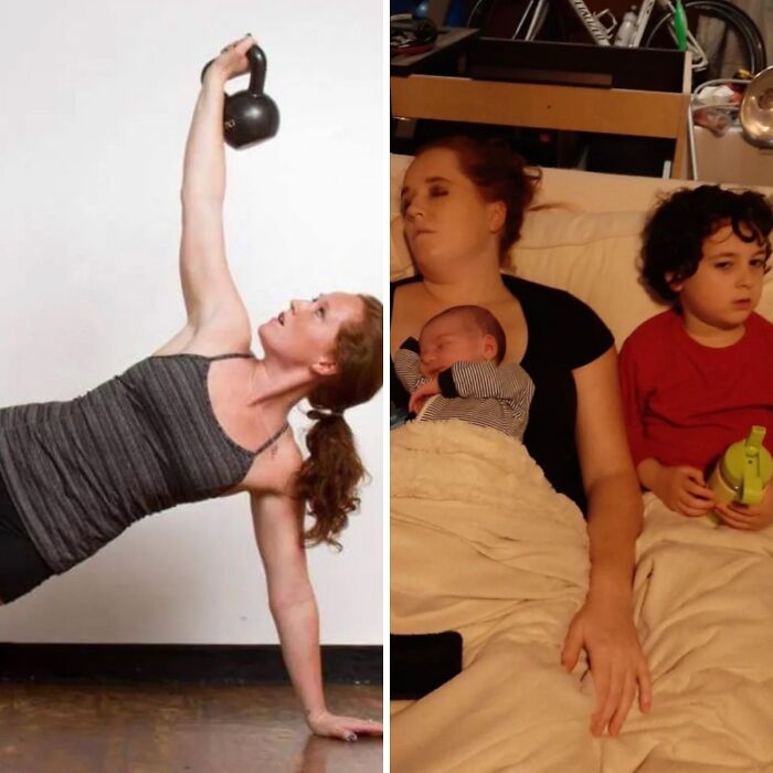 Before and after photos of a mom showing fitness and energy contrasted with tiredness while caring for two young kids.