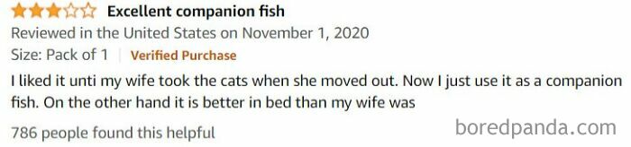 Funny and ridiculous 1-star review humorously calling a fish a better companion than the reviewer's wife.