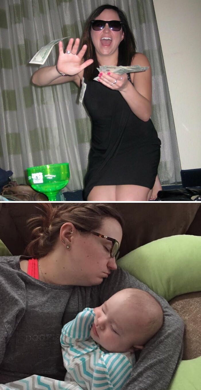 Before and after having kids photos showing a mom enjoying life then caring for her sleeping baby on a couch.
