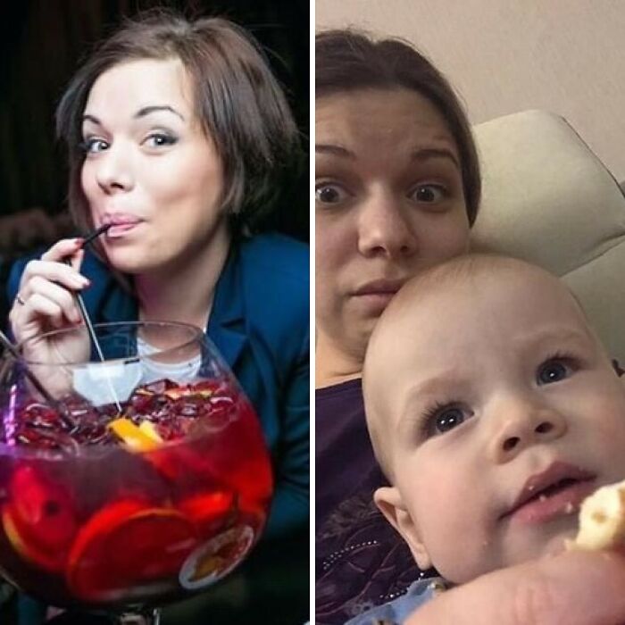 Side-by-side photo showing a mom before having kids enjoying a drink and after having a baby looking surprised.
