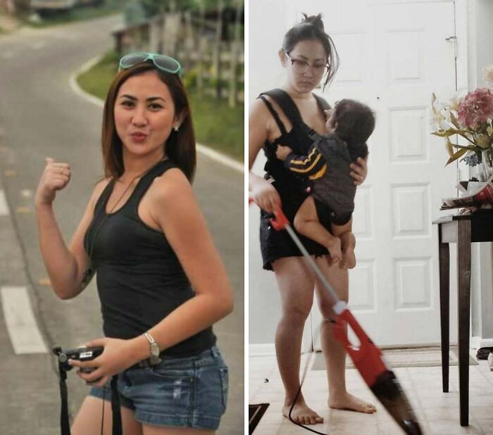 Before and after photos of a mom showing changes in lifestyle and responsibilities after having kids.