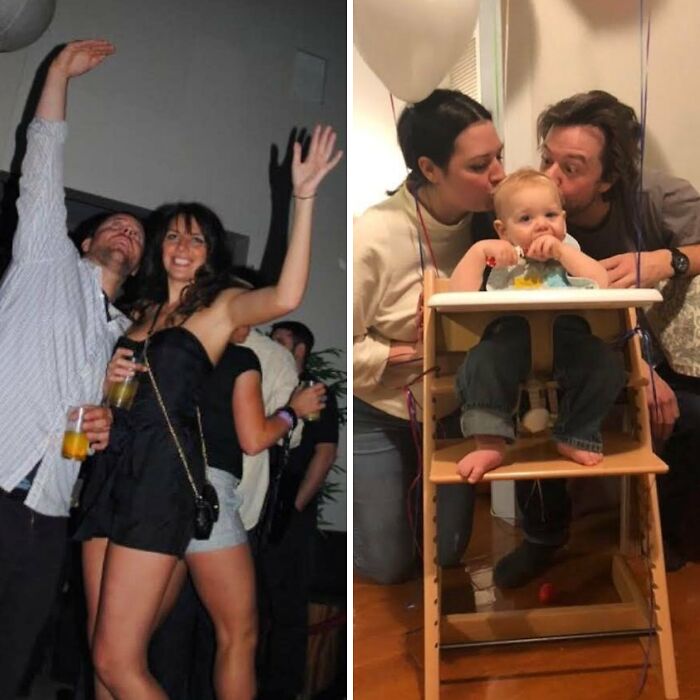 Before and after photos of moms showing honest and relatable moments with family and life changes after having kids.