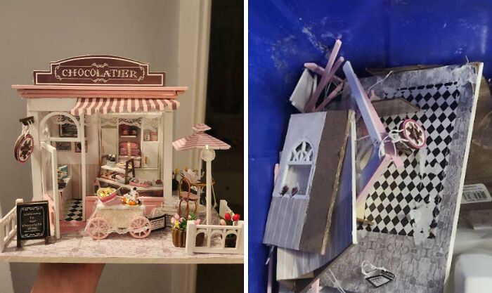 Before and after photos of a miniature chocolatier shop showing family member damage frustration vented online.