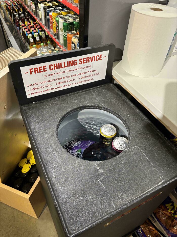 Free chilling service with a fast cooling bath for drinks, demonstrating smart ideas and inventions that solve a problem.