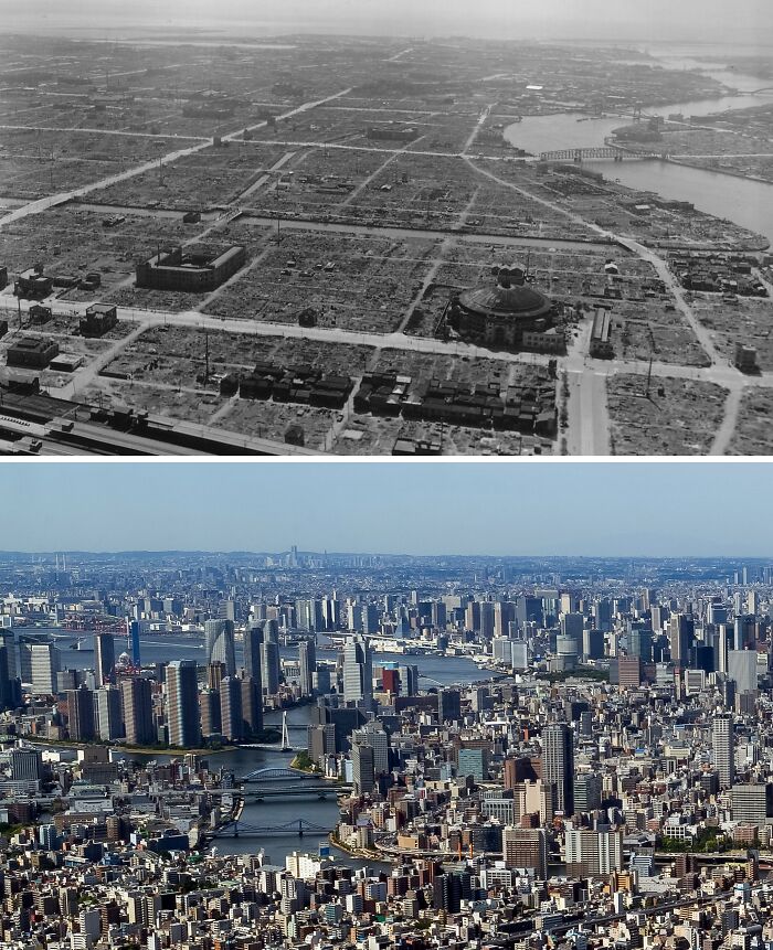 Aerial then and now photos of a famous city showing its dramatic glow-up and urban transformation over time.