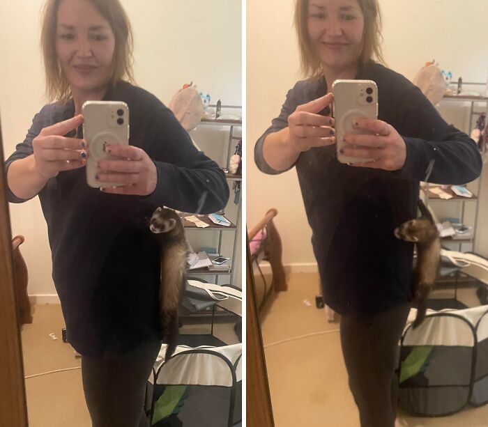 Woman taking a mirror selfie with a ferret clinging to her side, showing how pets can affect personal space.