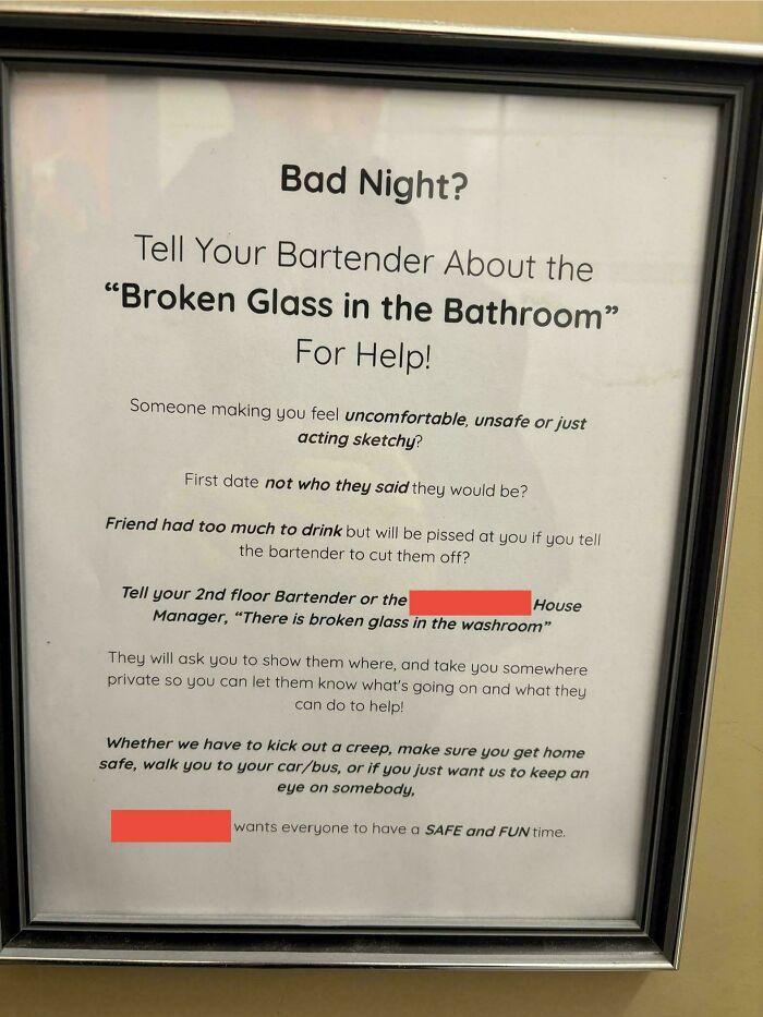 Sign explaining the broken glass code as a smart idea and invention to ensure safety and help in uncomfortable situations.