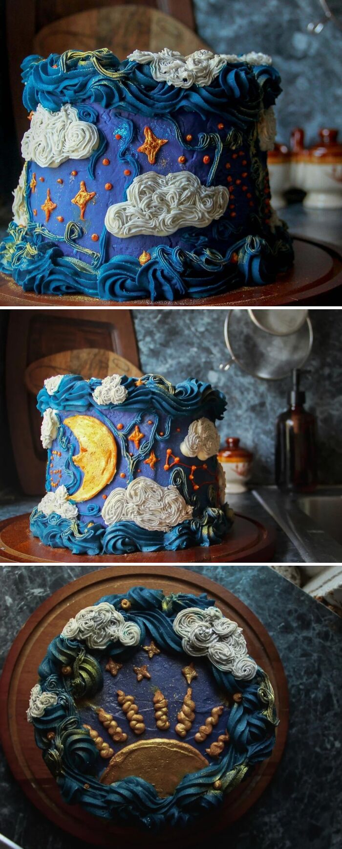 Decorated baked goods with celestial designs featuring clouds, stars, moon, and sun on a vibrant blue background.