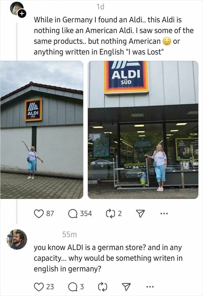 Person posing outside Aldi Süd store in Germany, highlighting Americans confidently posting the dumbest things online.
