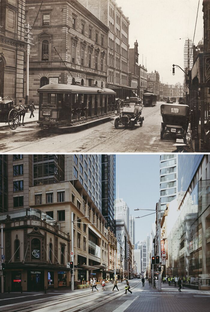 Then vs now photos showing glow-ups in famous cities with historical and modern buildings and streetscapes.