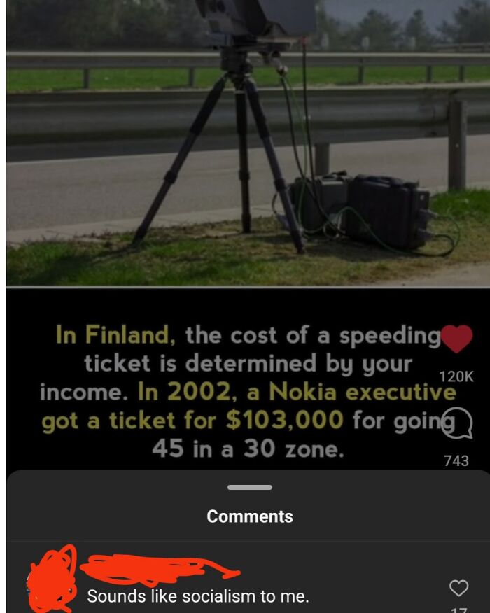 Speeding camera setup on roadside with text about expensive speeding ticket in Finland based on income.