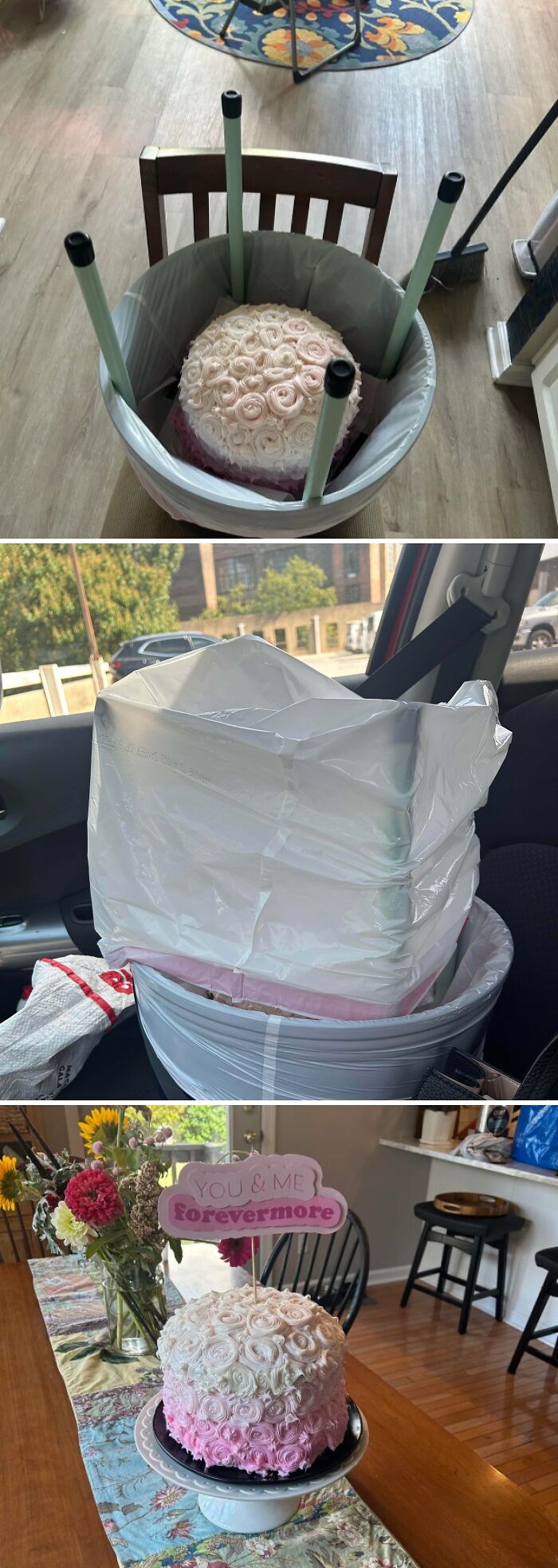 Pink and white ombre cake with rosette frosting being carefully transported in a bucket to prevent damage baked goods magic