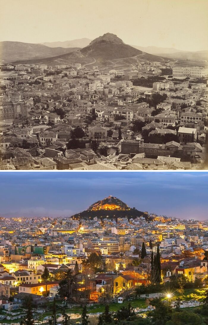 Then and now photos showing the dramatic glow-up of a famous cityscape with historic and modern buildings at dusk.