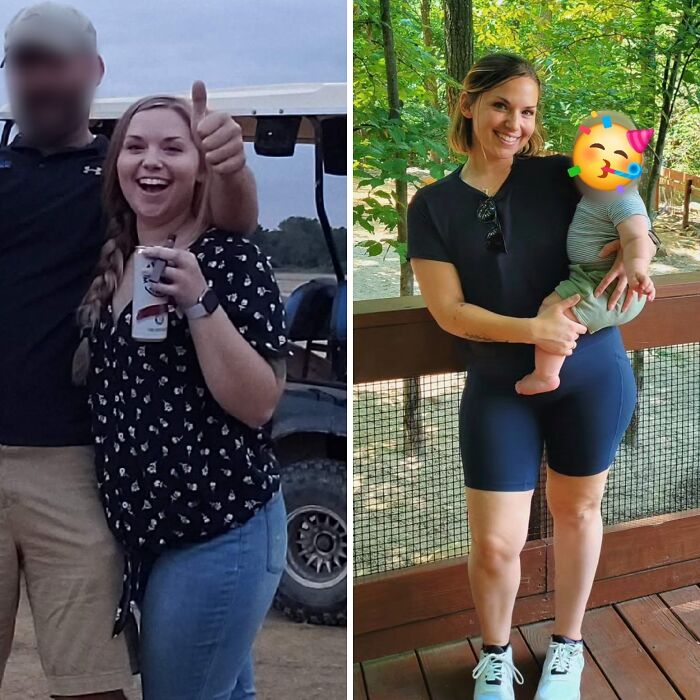 Before and after photos of a mom holding her child, showcasing honest and relatable moments of motherhood.