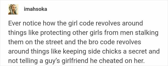 Text post by imahsoka discussing differences between girl code and bro code, highlighting protection versus secrecy in relationships.