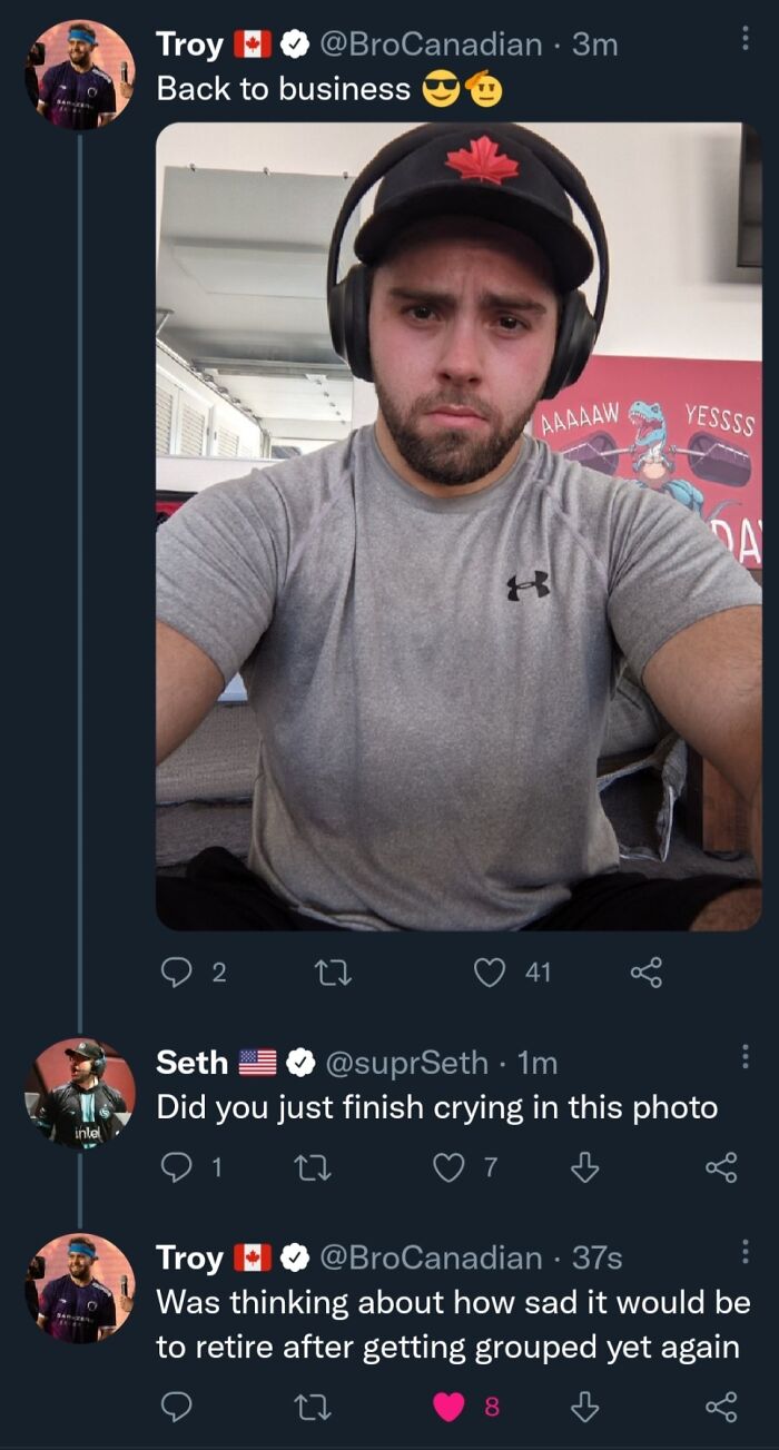 Tweet exchange showing Canada roasting America with a man in a maple leaf hat reflecting on retirement after tough grouping moments.