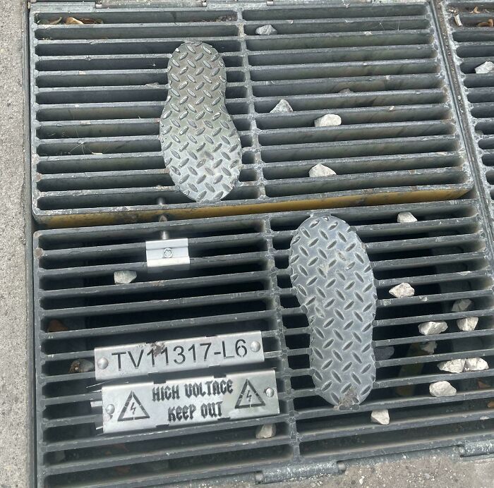 Metal drain cover with shoe sole patterns acting as a smart invention to solve slipping and safety problems outdoors.