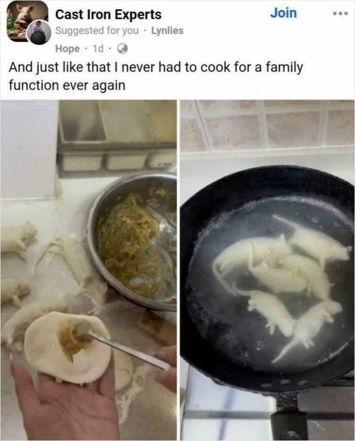 Making dumplings shaped like rats boiling in a pan, an unusual dish from 102 dishes that are just stupid.