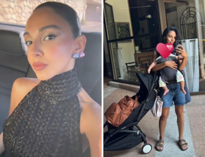 Side-by-side photos of a mom before and after having kids, showing relatable and honest motherhood moments.