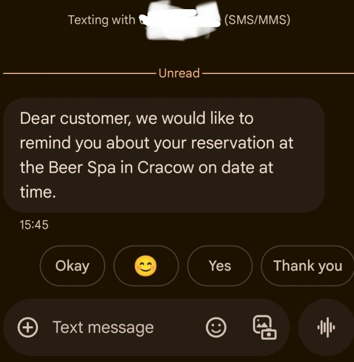 Text message showing a reminder about a reservation at a Beer Spa, an example of people not even trying in their job.