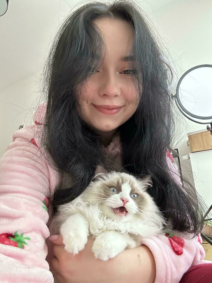 Young woman holding a fluffy cat with blue eyes, both capturing a cute moment perfect for animals selfie SEO keywords.