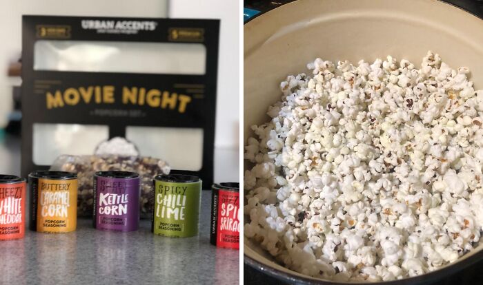 Popcorn seasoning variety set and freshly popped popcorn in a bowl, perfect for a burr basket goodies hibernation kit.