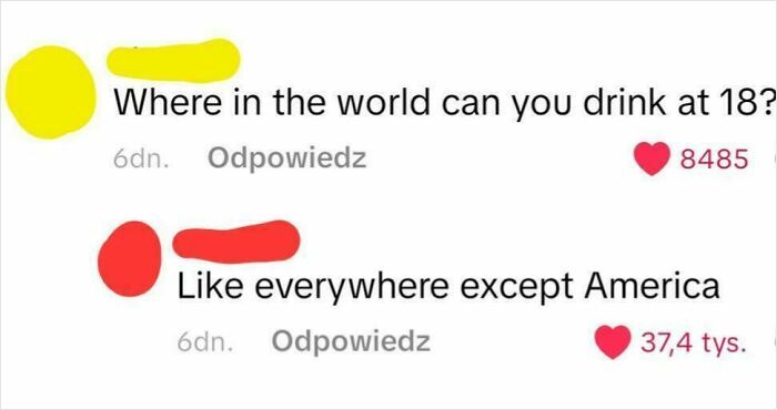 Screenshot of a social media exchange showing a common misconception about legal drinking ages in America.