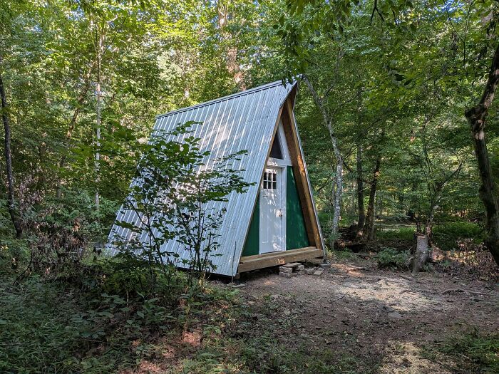 A cozy off-grid cabin with a metal roof nestled in a lush green forest surrounded by trees and nature.