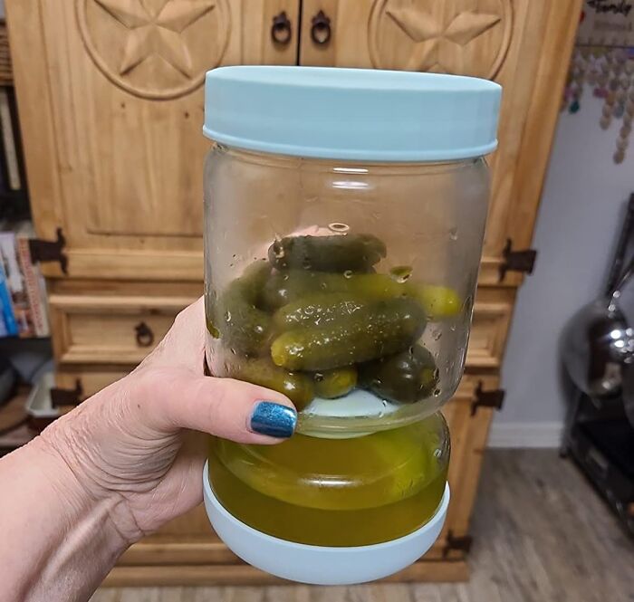 Your Pickles And Their Juice Are About To Have The Most Amicable Breakup Ever Inside An Hourglass Straining Pickle Jar 