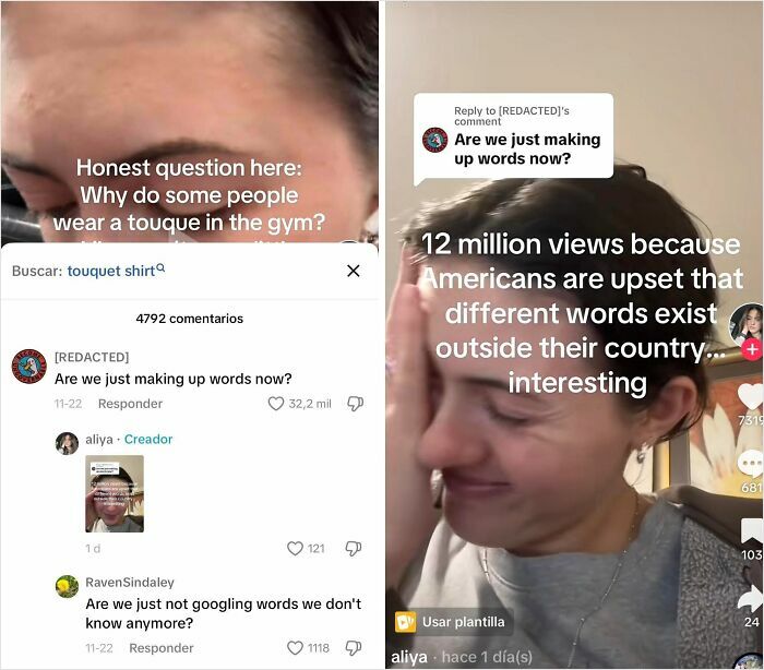 Person reacting to comments about different words in Canada vs America, highlighting Canada roasted America accurately online.