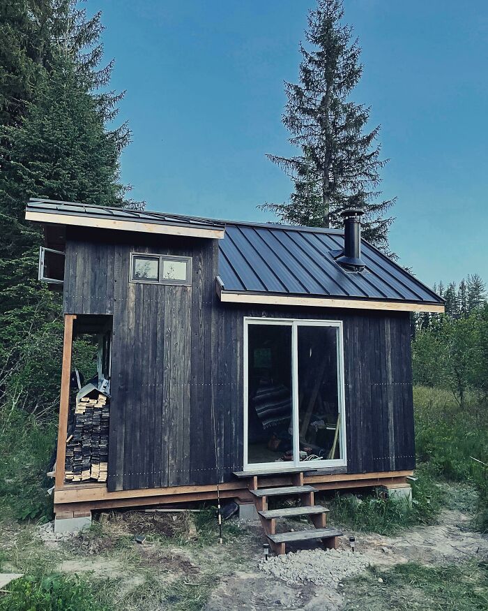 Cozy off-grid cabin with dark wood exterior, metal roof, wood storage, and surrounded by tall pine trees in a forest clearing.