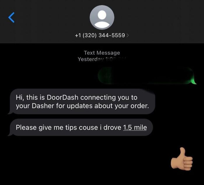 Text message from DoorDash delivery driver humorously requesting tips after driving 1.5 miles, highlighting funny delivery driver messages.