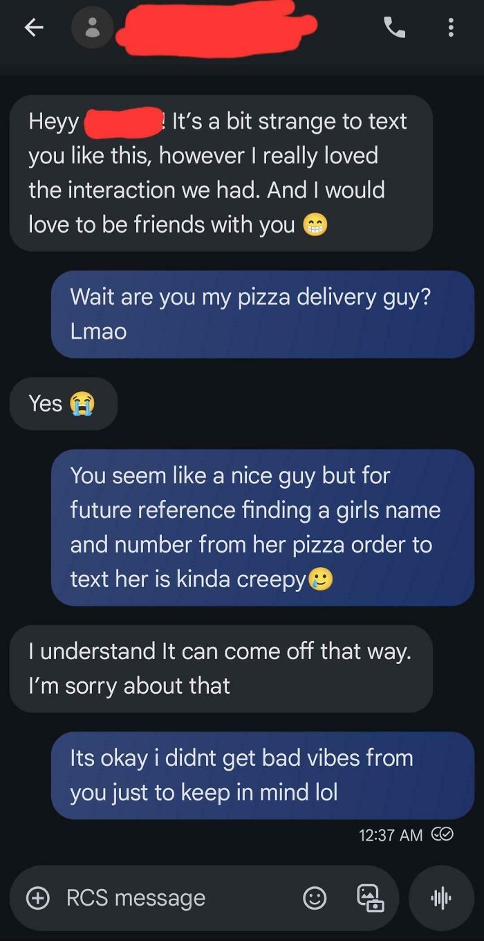 Text message exchange showing a funny delivery driver interaction about texting a pizza customer’s number.