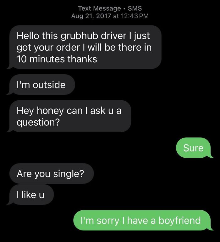 Text messages from a delivery driver humorously asking a customer personal questions during a food delivery conversation.