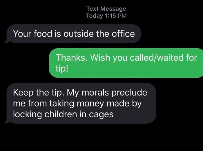 Text message exchange showing a delivery driver refusing a tip due to their morals about where the money comes from.