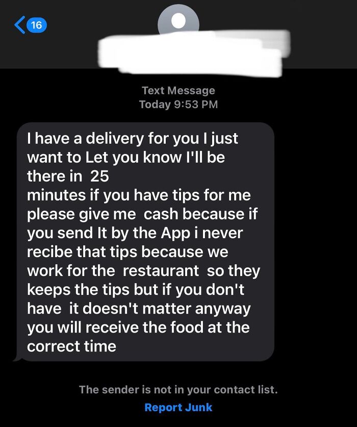 Text message from delivery driver explaining 25-minute wait time and requesting cash tips for guaranteed delivery.