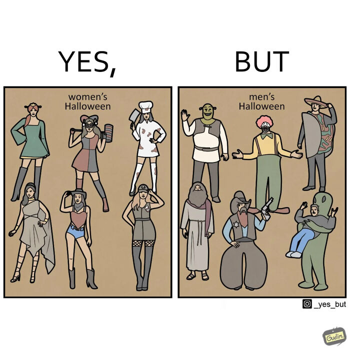 Yes but comic showing contrasting women’s and men’s Halloween costumes, highlighting funny modern life’s strangeness in illustrations.