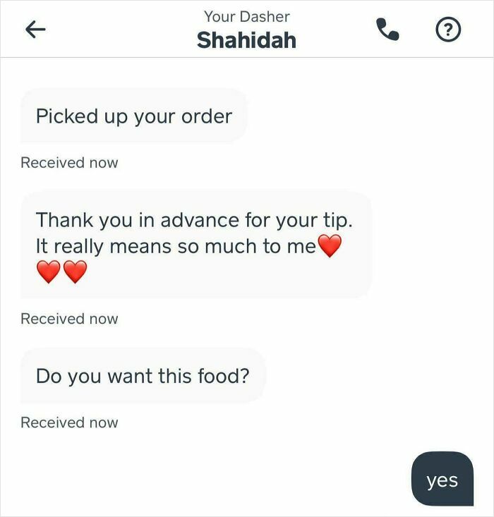 Text messages from a delivery driver thanking for the tip and asking if the customer wants their food, funny delivery driver message.