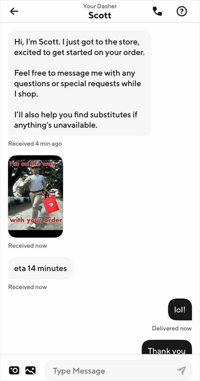 Delivery driver Scott texts updates with a funny meme and an estimated time of arrival for a food order.