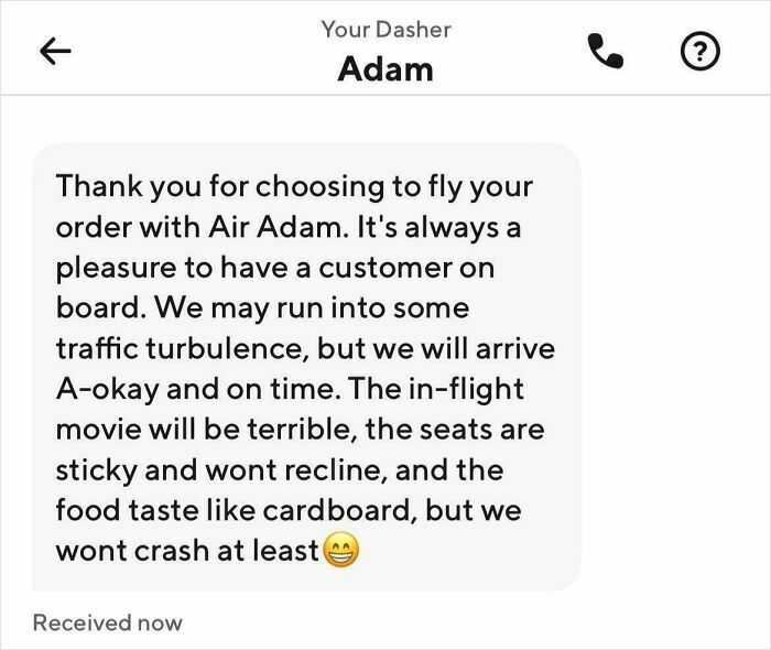 Delivery driver message humorously compares food delivery to a turbulent flight with terrible seats and bad food taste.
