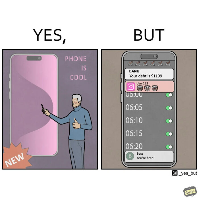 Funny yes but comic showing a man thumbs up to a phone and a phone screen with debt and boss firing notifications