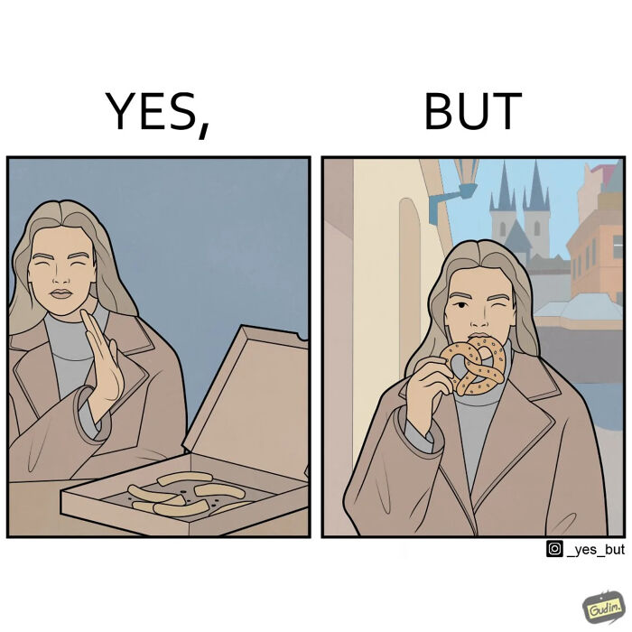 Woman saying no to unappetizing food in a funny yes but comic that highlights modern life’s strangeness.