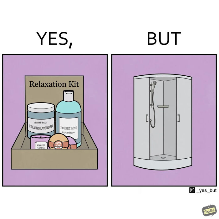 Comic panels showing a relaxation kit with bath products labeled yes, but followed by an empty shower enclosure.