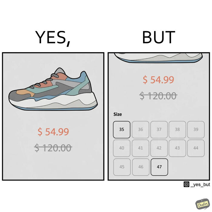 Cartoon sneaker with a sale price and limited size options illustrating funny yes but comics about modern life.