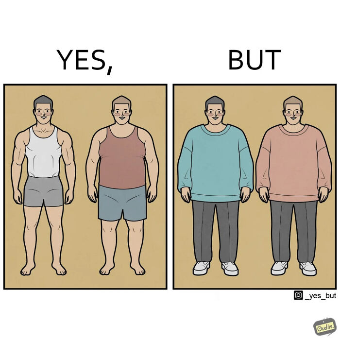Two panels of a funny yes but comic showing changes in body shape and clothing style with modern life’s strangeness.