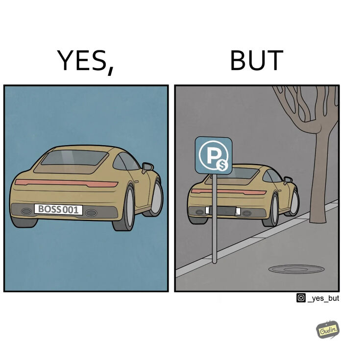 Funny Yes But comic showing a car with a personalized plate and parking next to a paid parking sign under a tree.